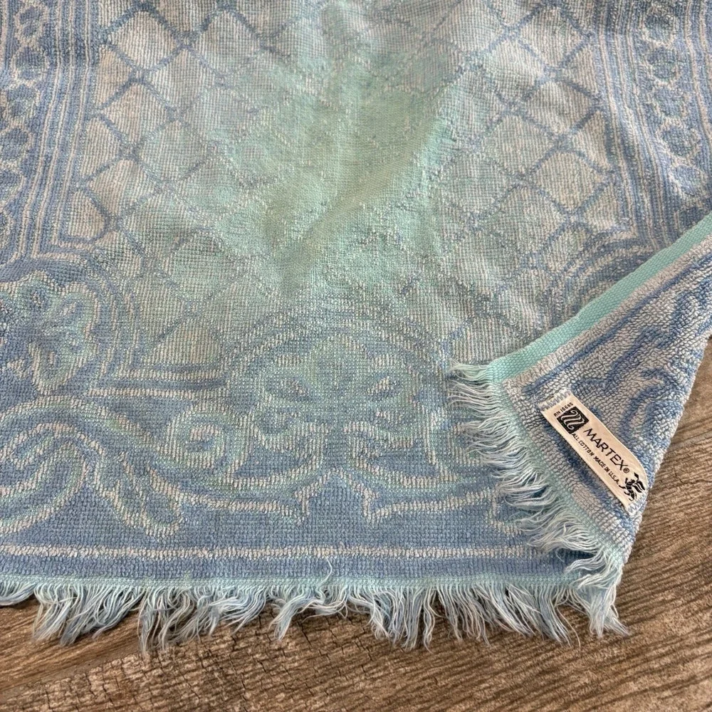 Vintage 1960s 1970s Martex Blue Ornate Hand Towel Fringe Made USA Cotton MCM